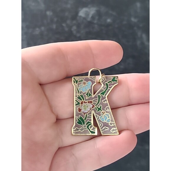 Cloisonne Floral Letter K Shaped Pendant Vintage - Picture 1 of 10